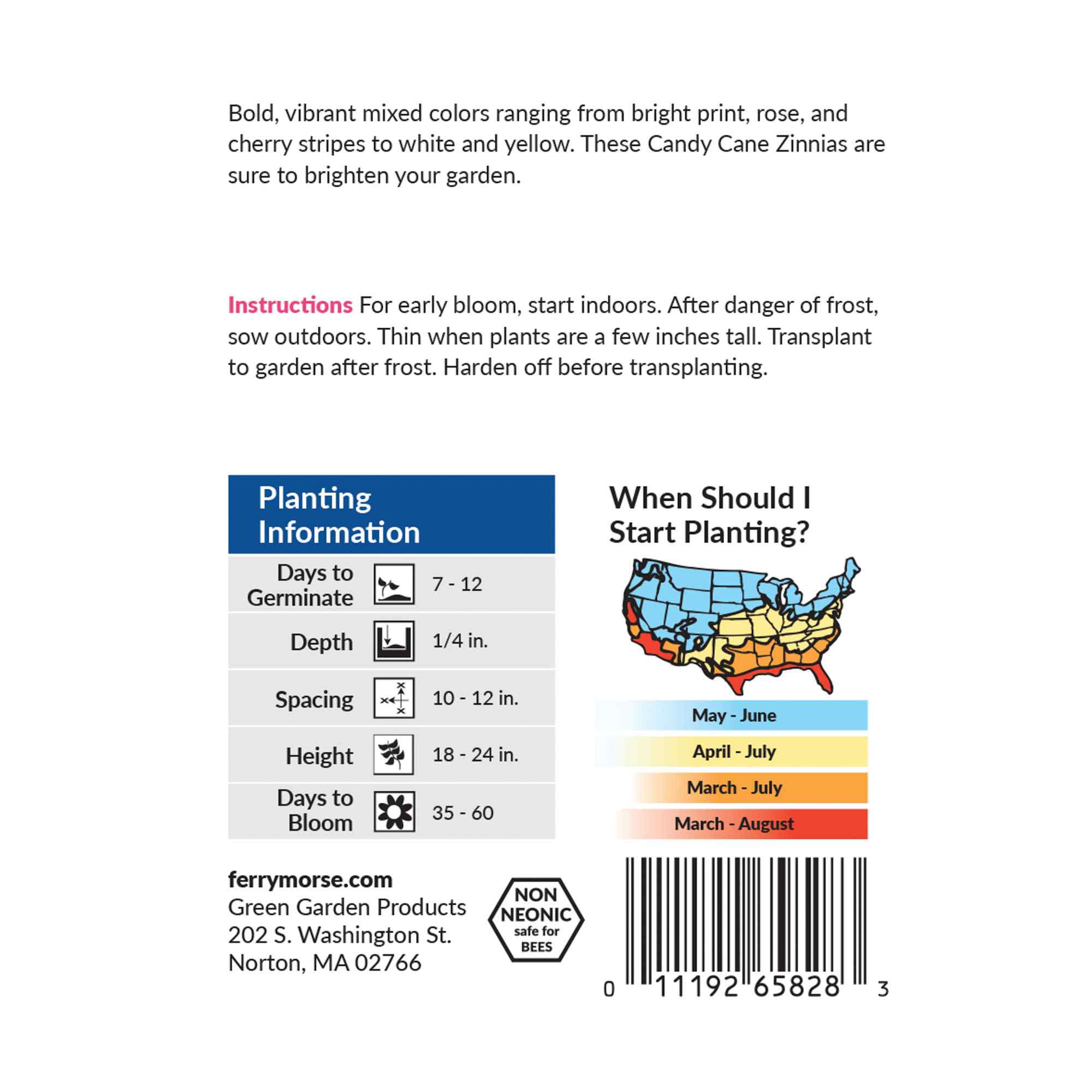 Zinnia Candy Cane Back of Packaging